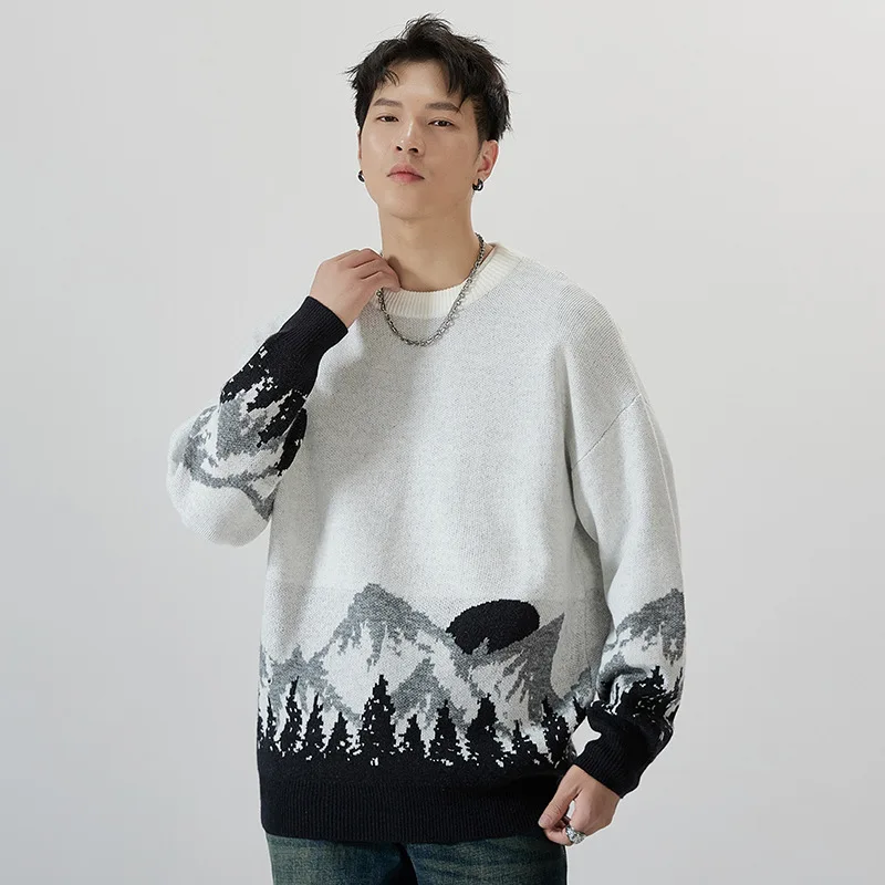 

Autumn and winter new big size men's forest crew neck sweater shoulders loose trend all-match knitted top