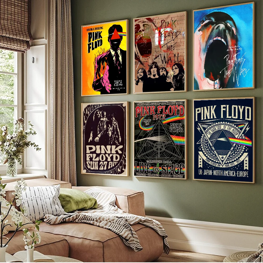 Vintage Posters Poster Prints Pink Floyd Band Self-adhesive Art Poster Wall Art White Kraft Paper Home Decor