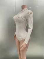 Women Sexy White Pearl Long Sleeved  Elastic Tight Fitting Jumpsuit Club Party Dress DJ Female Singer Stage Performance Dress - Image 3