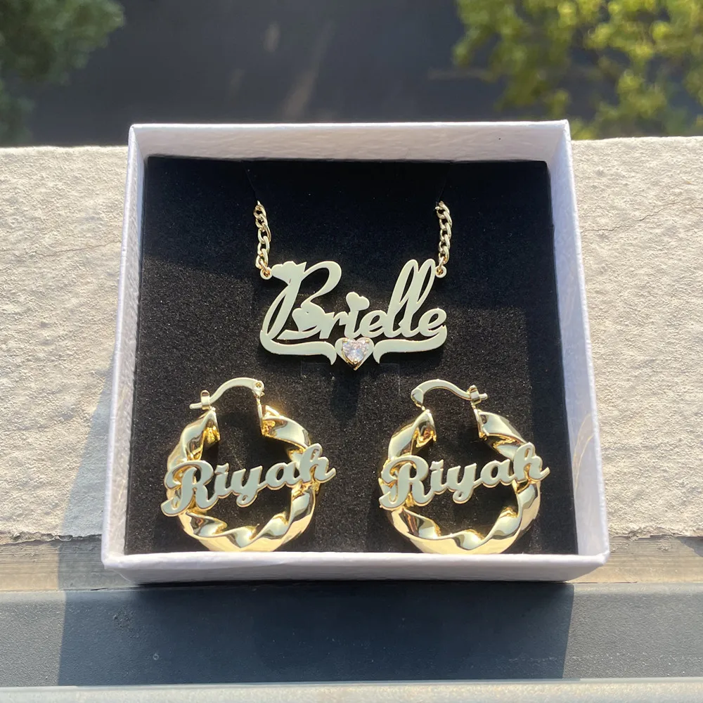 Lulu's  Heart Zircon Custom Name Jewelry Set for Girls Women 30mm Twist Hoop Earrings Cute Personality Nameplate Necklace Gift