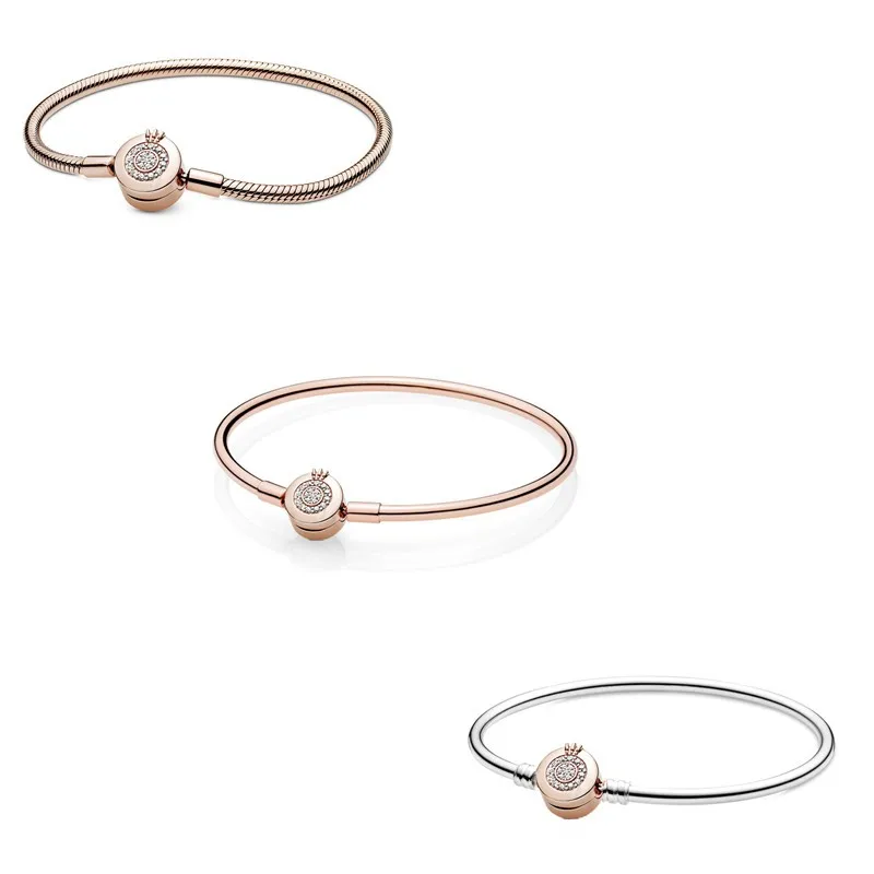 

Original Moments Rose Gold Crown O Snake Chain Bracelet Bangle Fit Women 925 Sterling Silver Bead Charm Fashion Jewelry