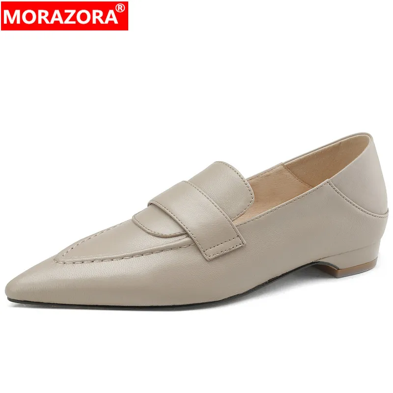 

MORAZORA 2023 New Concise Sheepskin Flats Woman Slip On Spring Loafers Flats Ladies Pointed Toe Casual Shoes