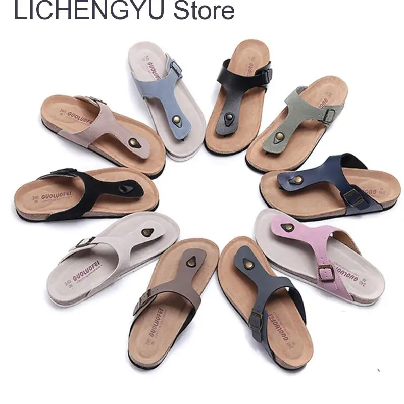 New Summer Women Beach Shoe Casual Cork PU Leather Slippers Men Outdoor Fashion Flip Flops Footwear