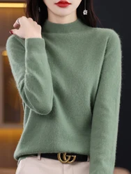 Luxurious Women's Wool Mock-Neck Sweater - Autumn Winter Knitwear Pullover Top - M (Turquoise)
