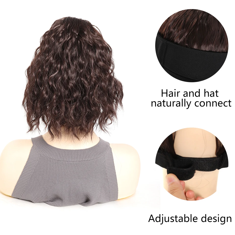 LUPU Synthetic Hair Curly Wave Ponytail Black Brown Baseball Cap Wig Adjustable Sun-Protective Sporty Style for Women Girls