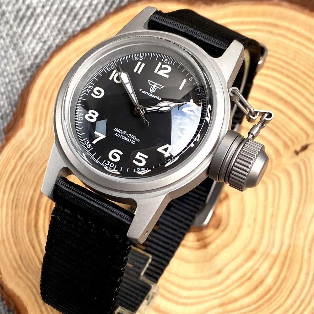 Tandorio 36mm Military Mechanical Watch Men Japan NH35 Movt Arched Domed Sapphire Glass Big Crown Sandblasted Case Vintage Clock