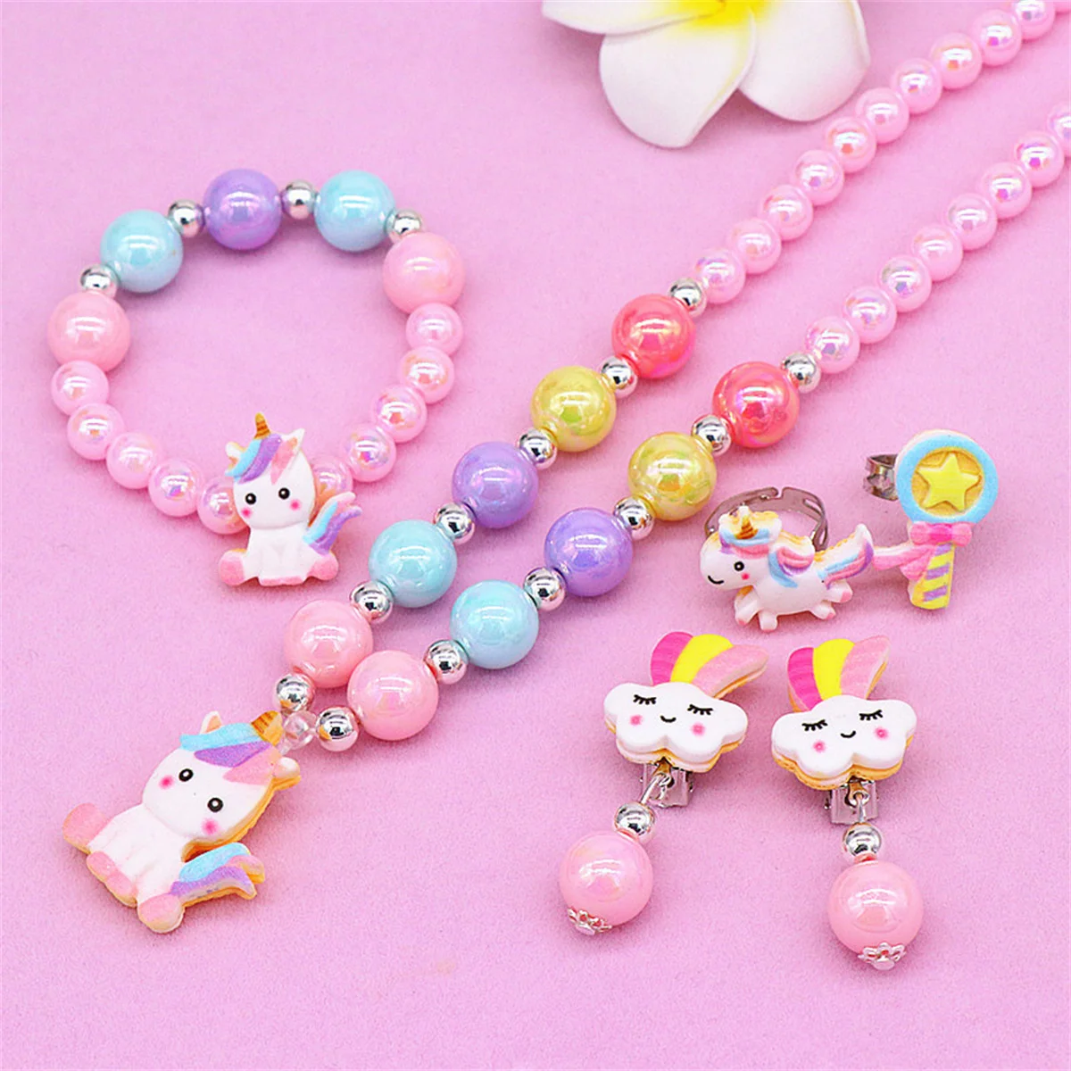 Unicorn Kids Jewelry Set 6pcs Elastic Necklace Bracelet Clip on Earrings Rings for Little Girls Birthday Dressup Costume 2