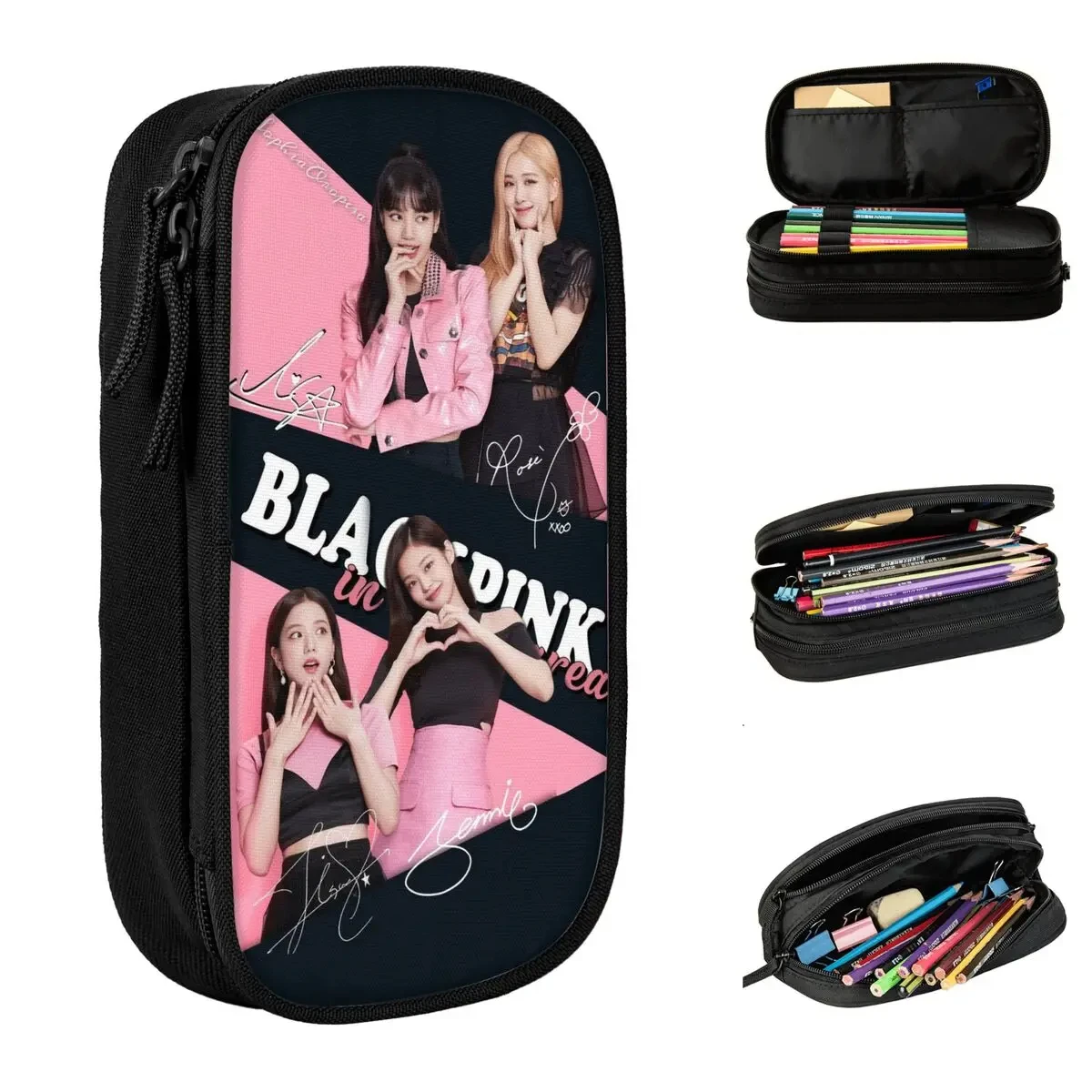 

Black-Pink Korea Jennie Big Capacity Pencil Pen Case Stationery Bag Pouch Holder Box Organizer for Teens Girls Adults Student