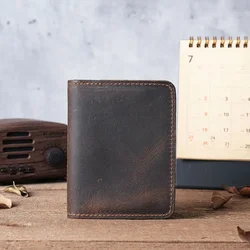 Premium Crazy Horse Leather Men's Wallet - Compact Credit Card & ID Holder with Clear Windows (Coffee)