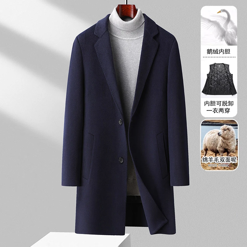 100 High end Wool Handmade Double sided Woolen Coat Medium Long Suit Collar Goose Down Removed