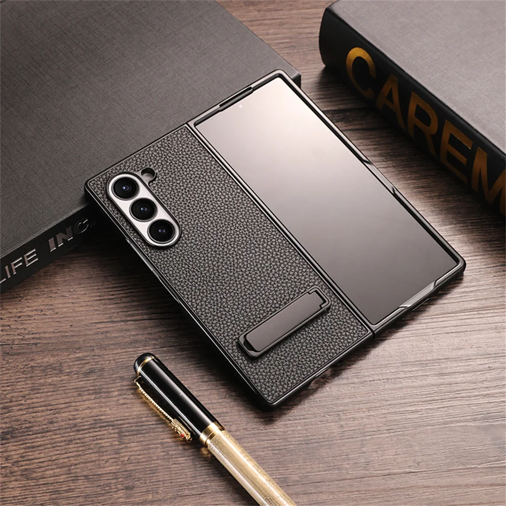 Elegant Litchi Leather Invisible Bracket Case with Stand Holder and Thin Bumper Design