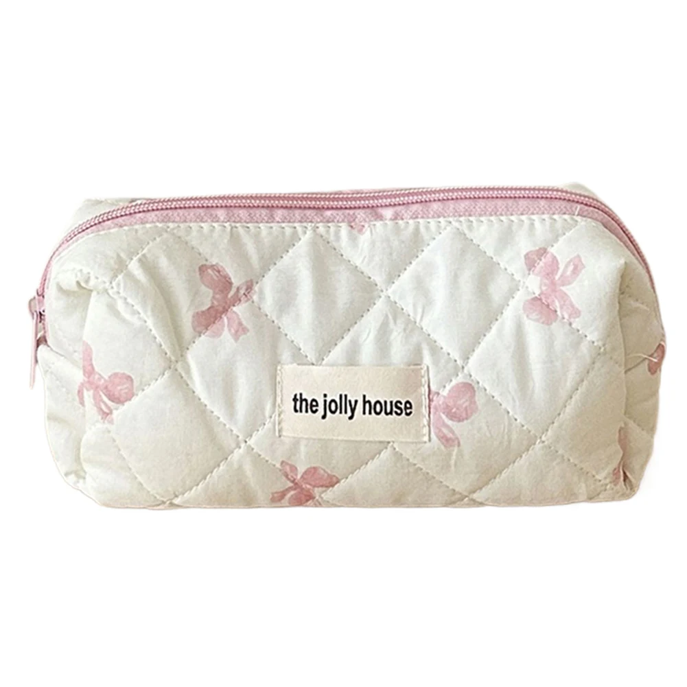 Cute Bow Makeup Organizer Storage Bag with Zipper Cosmetic Organizer Case Cotton Quilted Skincare Bag for Women Girls