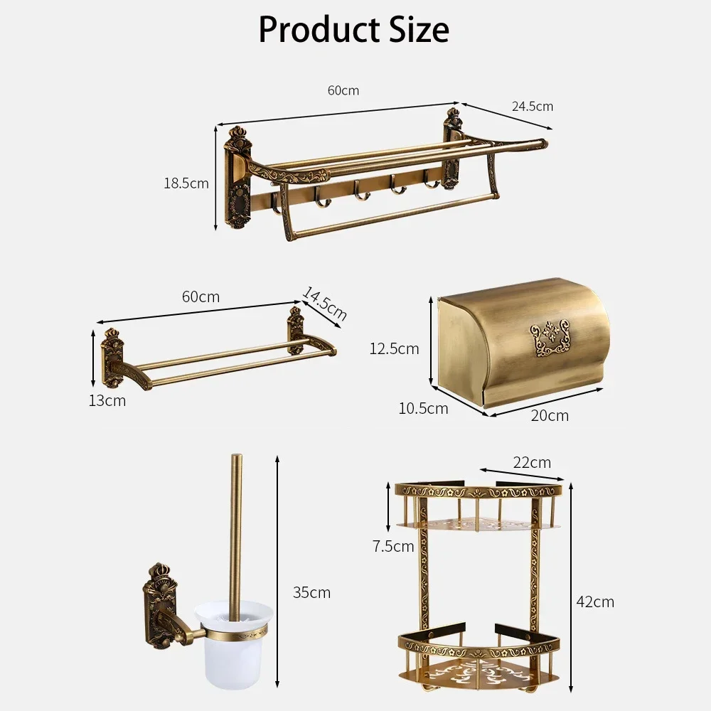 Antique Aluminum Corner Shelf European Style Towel Rack Storage Double Bar Toliet Brush Paper Holder Bathroom Accessories