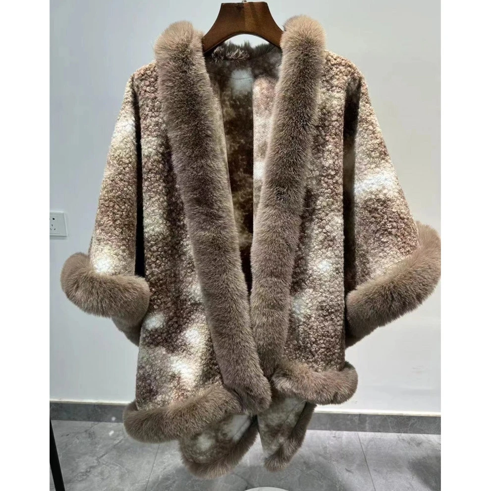 Description Picture 3 of item5 Colors Winter Women Long Faux Fur Collar Tie-dyed Lamb Velvet Poncho Cape Thick Cardigan Overcoat Loose Shawl Printed Cloak