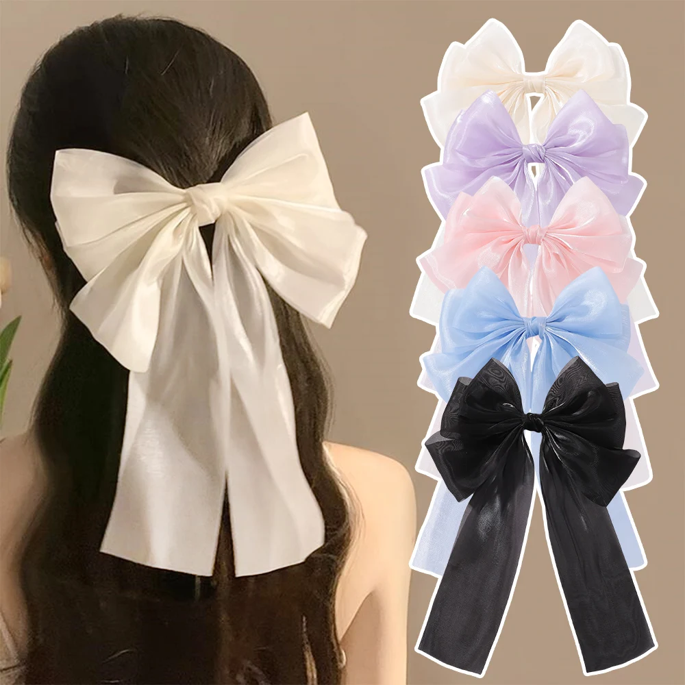 1PCS Mädchen Blau Rosa Satin Bowknot Haar Clips Süße Große Band Bogen Haarspange Haarnadel Pferdeschwanz Clip Haar Zubehör Frühling sommer – Detail 1