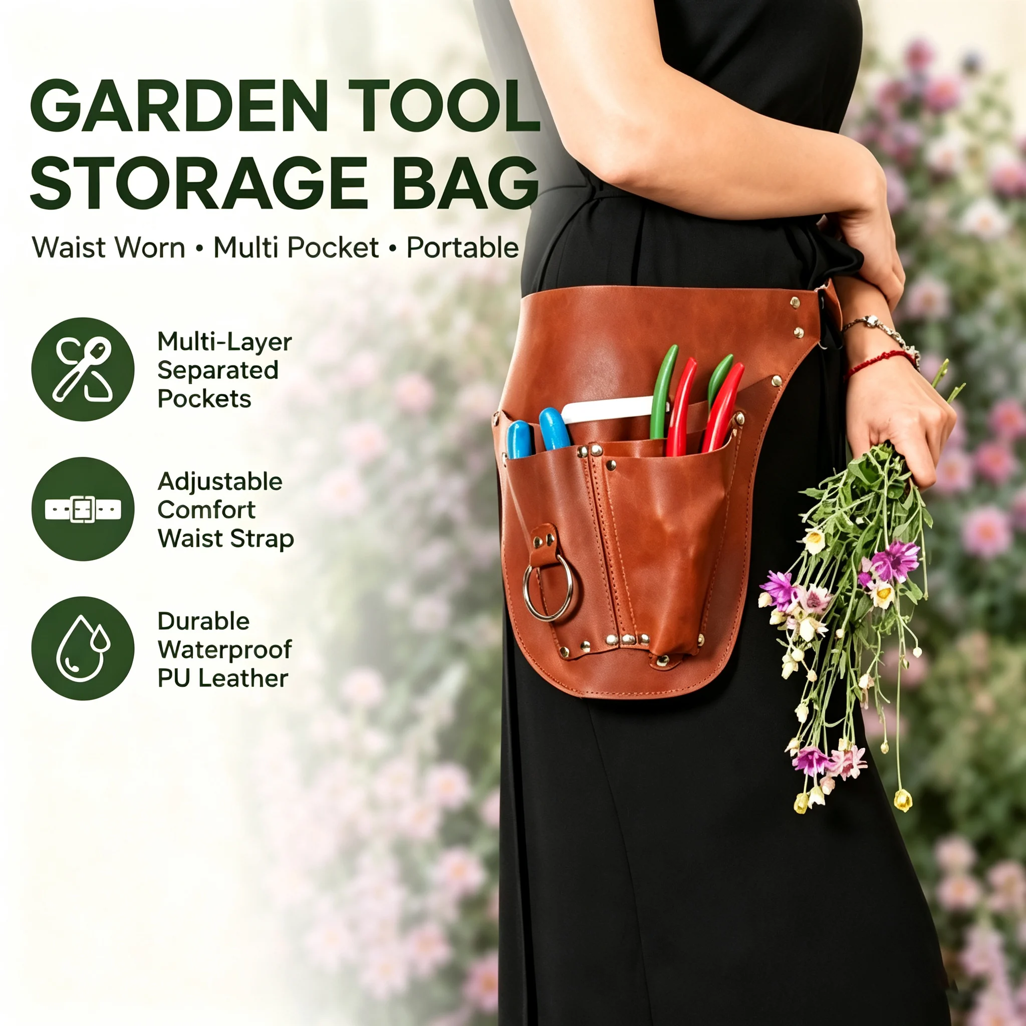 Adjustable PU Leather Garden Tool Storage Apron with Multi-Pocket Design