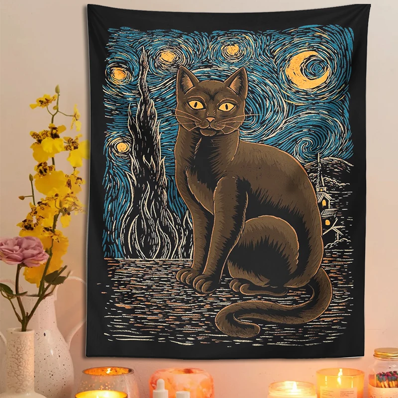 Starry Night Cat Tapestry Wall Hanging Retro Cat Arazzi Van Gogh Misteriosa Divinazione Stregoneria Black Cool Home Room Decor