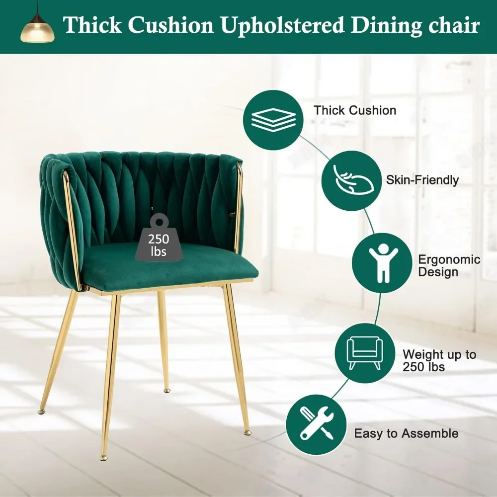 Modern Velvet Dining Chairs Hand Weaving Accent Chairs Living Room Chairs Upholstered Side Chair with Golden Metal Legs 6