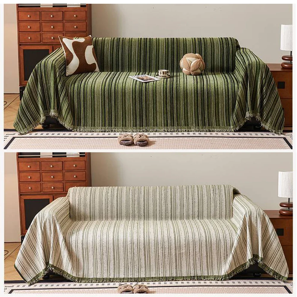 Simple Solid Color Sofa Cover Green Chenille Stripe Pattern One-Piece Sofa Towel Universal Sofa Covers Decor Living Room 2