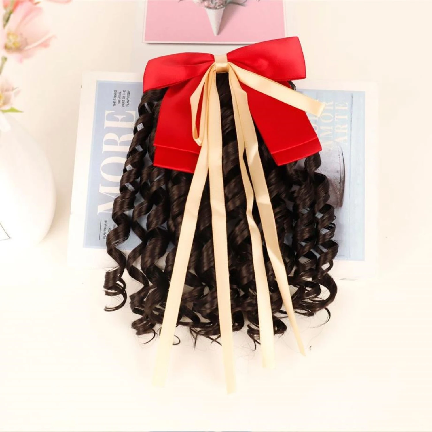 Wigundle Children's Short Wig Ponytail Red Bow Roman Curly Wig Hair Accessories Girls Cute Chemical Fiber High Ponytail 8inch