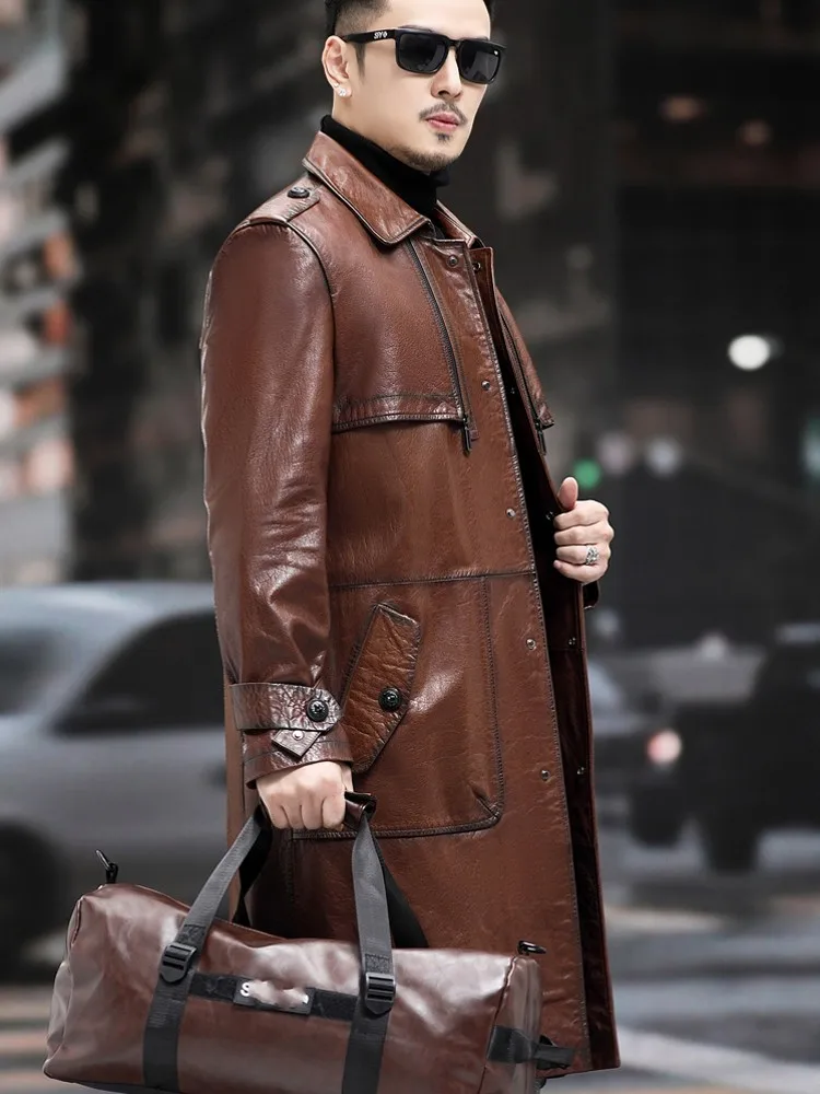 Business Men Work Sheepskin Trench Coat Autumn Windbreaker Slim
