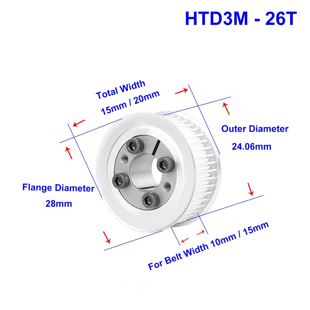 

HTD3M 26T Synchronous Timing Pulley 5/6/6.35mm Bore Keyless 26 Teeth Transmission Belt Pulley For Width 10mm 15mm Timing Belt
