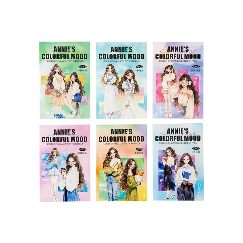 10Sheets/pack PET Annie’s Glistening Mood Stickers 10pcs Watercolor Character Split Designs for Journals Planners Crafts