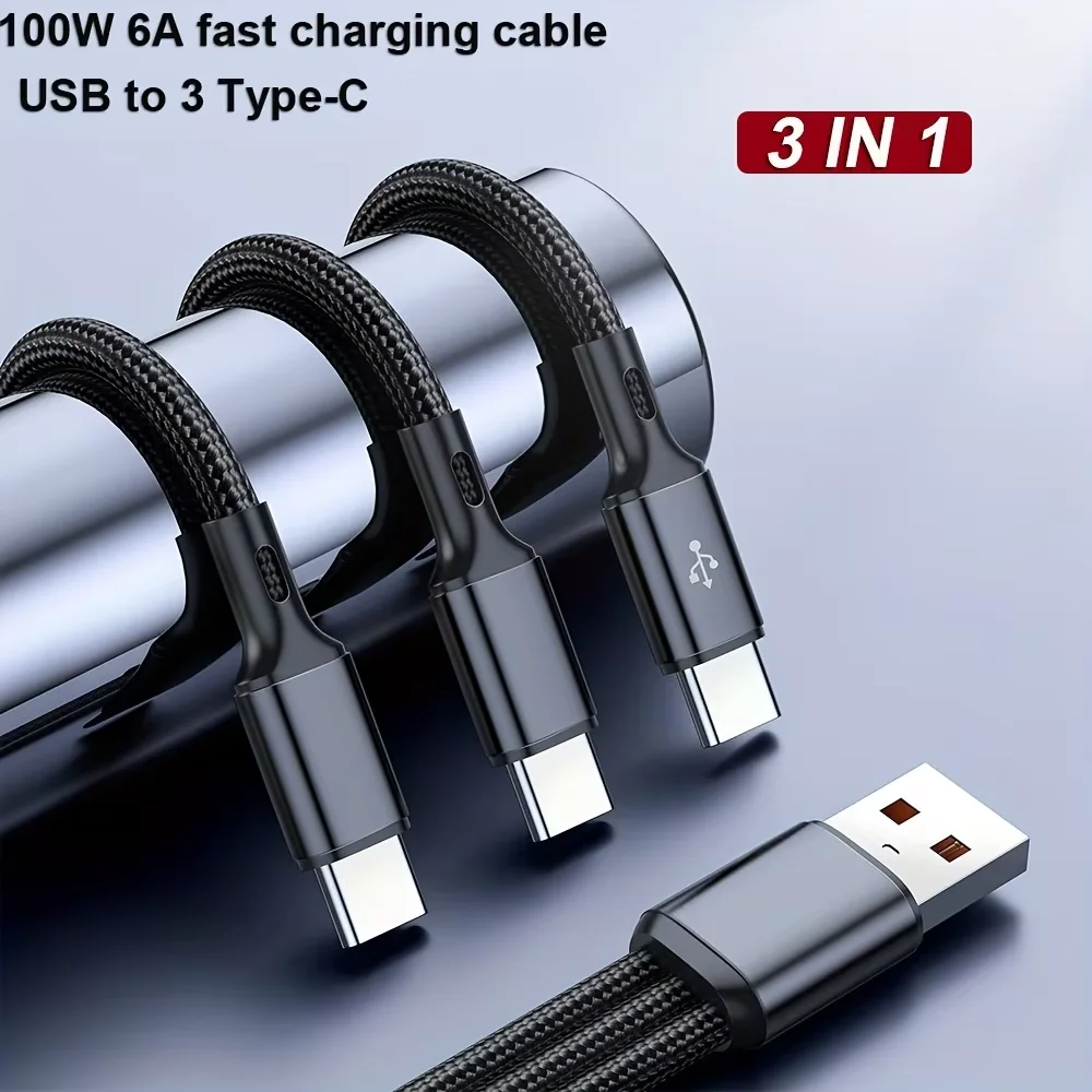 Universal 3-in-1 High-Power Fast Charging Cable with USB A to Triple Type-C Ports