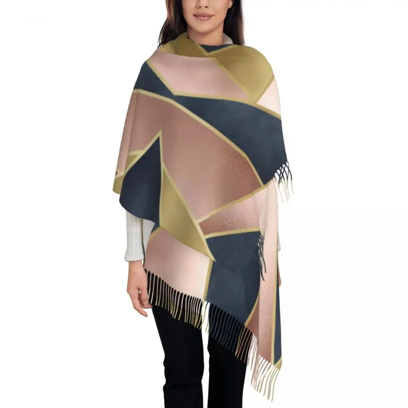 

Rose Gold Pink Navy Blue Geometric Abstract Pattern Scarf Wrap Women Long Winter Warm Tassel Shawl Unisex Geometry Scarves