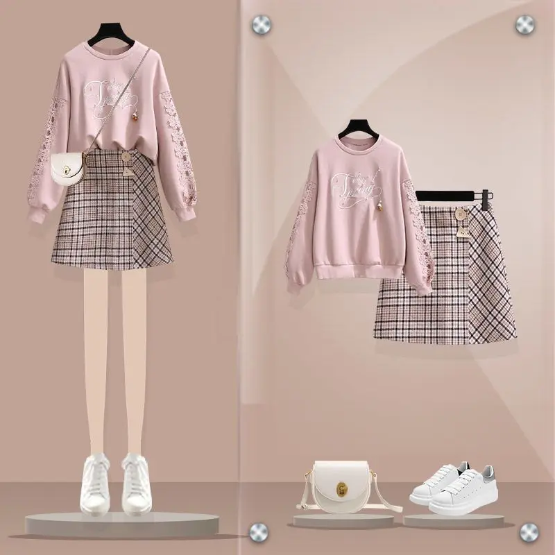 Women's Elegant Suit Spring Autumn New Sweet Fashionable Hollow Out Loose Sweater High Waist Plaid Half Skirt Two Piece Set