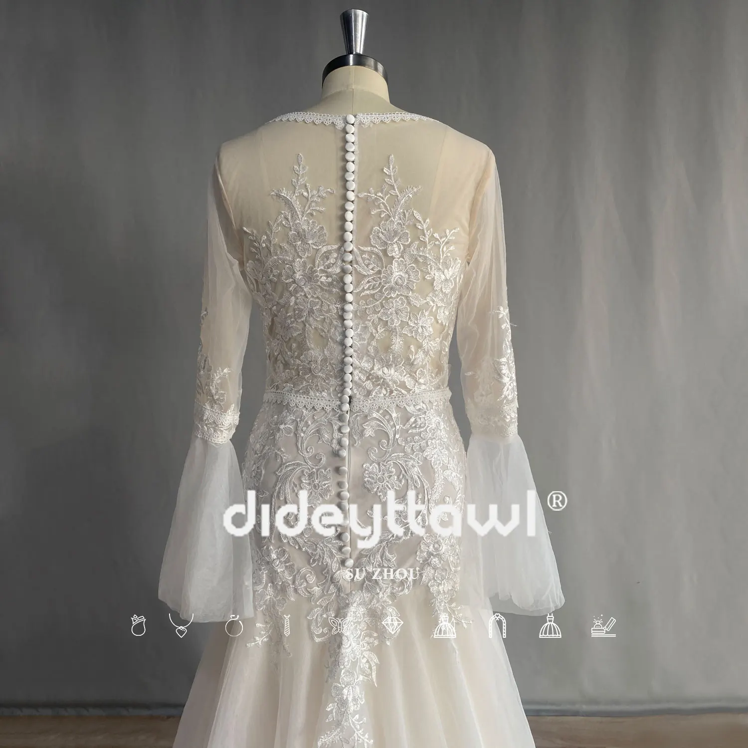 DIDEYTTAWL Real Photo Long Sleeve Boho Wedding Dress Vintage V Neck A-Line Lace Tulle Bridal Gown Bohemian Vestidos De Novia