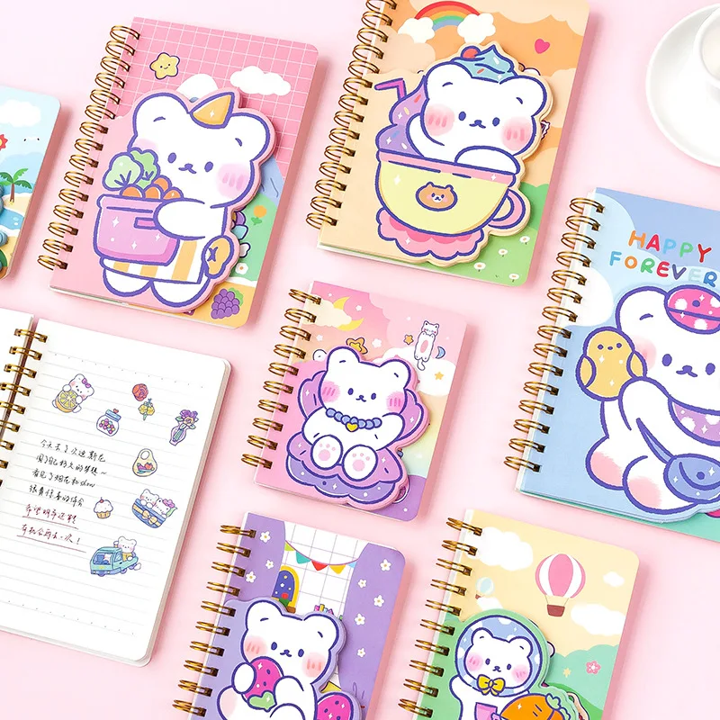 

Universe Cute Bear Coil Cartoon Notebook with Kawaii Pink Purple Alien Bear Shape Notepad