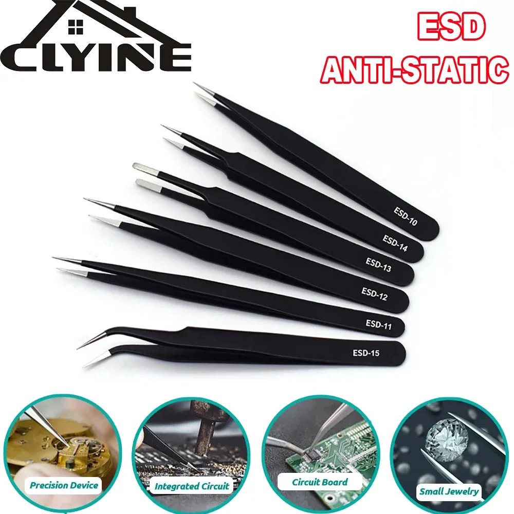 ESD Anti-Static Stainless Steel Tweezers Precision Maintenance Industrial Repair Curved Tool Home Working Model Making Hand Tool