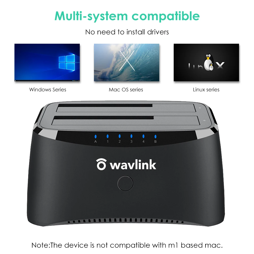 Wavlink USB 3.0-SATA I/II/III 듀얼 베이 외장 하드 드라이브 도킹 스테이션, 2.5 또는 3.5 인치 HDD, 오프라인 클론 SSD