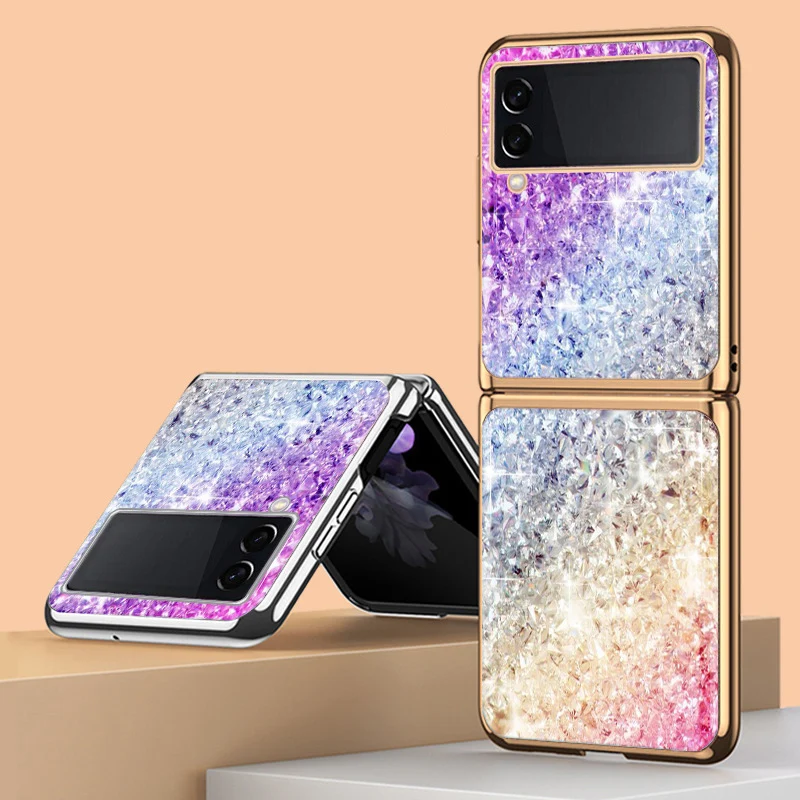 

Z Flip 4 Funda Case for Samsung Galaxy Z Flip 4 3 2 1 Glitter Bling Plating Tempered Glass Coque Protection Phone Case Cover