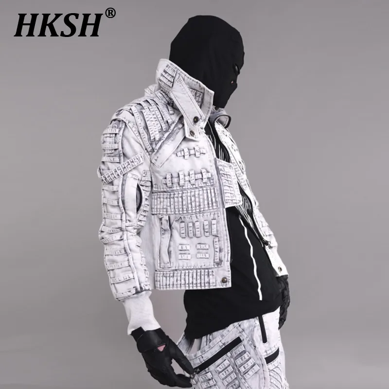 Hksh Men'S Tide Punk Avant-Garde Niche Design Decostruito Coat Waste Land Distresses Asimmetrici Slim Giacca Da Moto Hk0789