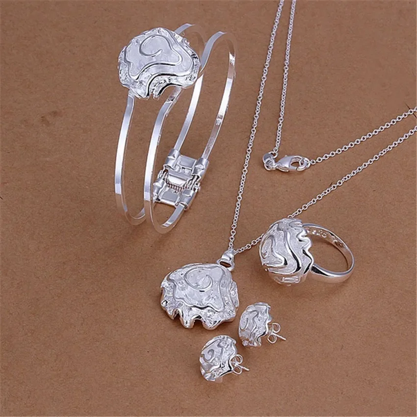 

Fashion 925 Sterling Silver Jewelry Set Rings Bracelets Necklaces Earrings Stud for Women Rose Flower Pendant Bangle Party