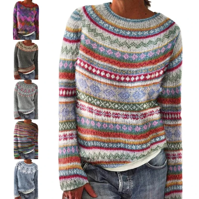 Women Winter Autumn Colorblock Geometric Pattern Sweater