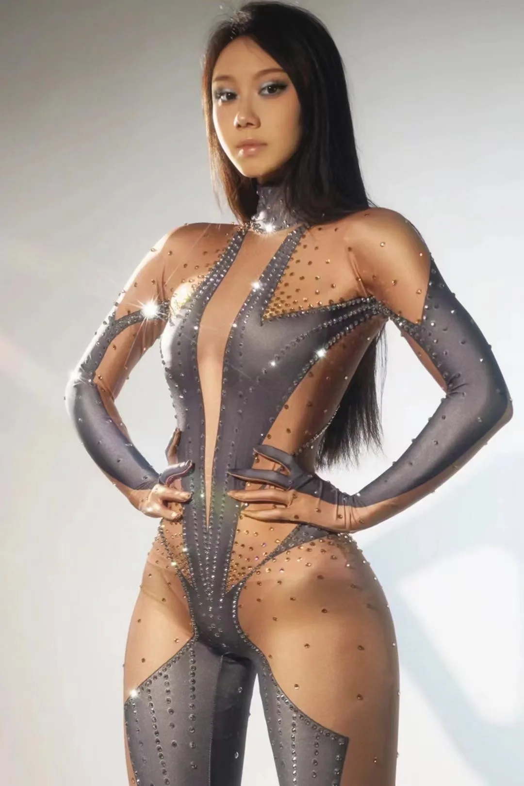 Women Sexy Rhinestone Printing Elastic High Neck Bodysuit Gloves Cross dressing Queen Female Singer Stage Performance Costume