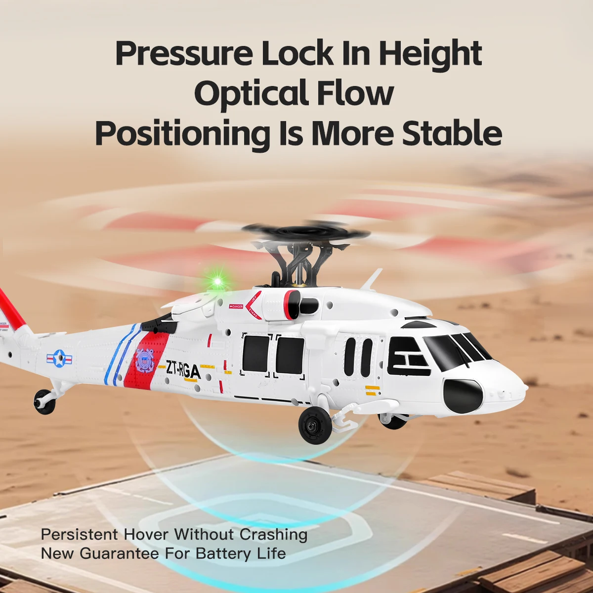 Hélicoptère RC WLtoys K270 UH-60L moteur brushless en action dans un ciel bleu, avec train d'atterrissage rétracté