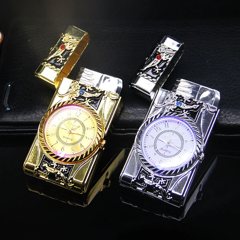 Cool Luminous Watch Lighter Metal Electric Windproof Inflatable Lighter Jet Blue Flame Butane Torch Men's Smoking Gadget