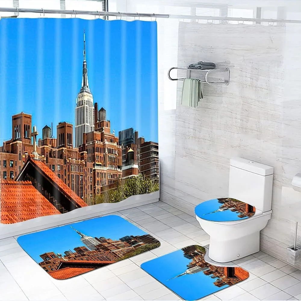 City Sunset Skyscrapers Famous Town Landmark View Shower Curtain Set Rug Bathroom Mats New York 3D Building Bridge Bath Curtains