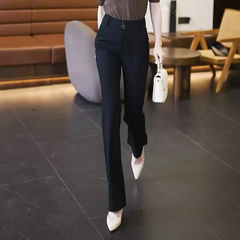 2024 Spring and Autumn New Women's Solid Color High Waist Button Pockets Fashion Elastic Thin Straight Bootcut Casual Suit Pants