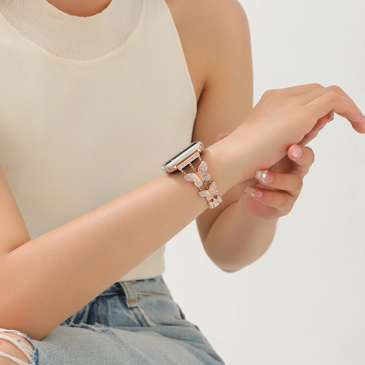 Apple Watch 밴드 용 금속 스트랩 iWatch 시리즈 9 8 7 6 5 SE 4 3 용 울트라 4mm 45mm 40mm 41mm 49mm 블링 나비 팔찌 체인