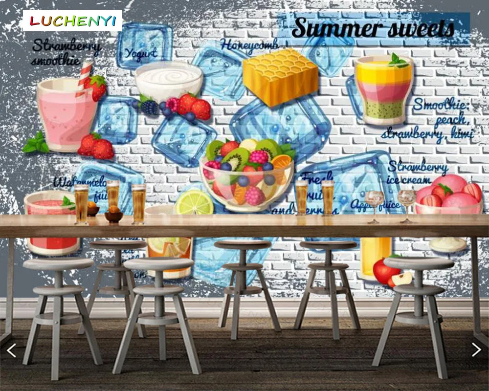 

Papel de parede custom ice cube fruit tea 3d wallpaper mural,drink restaurant juice shop dining room wall papers sticker