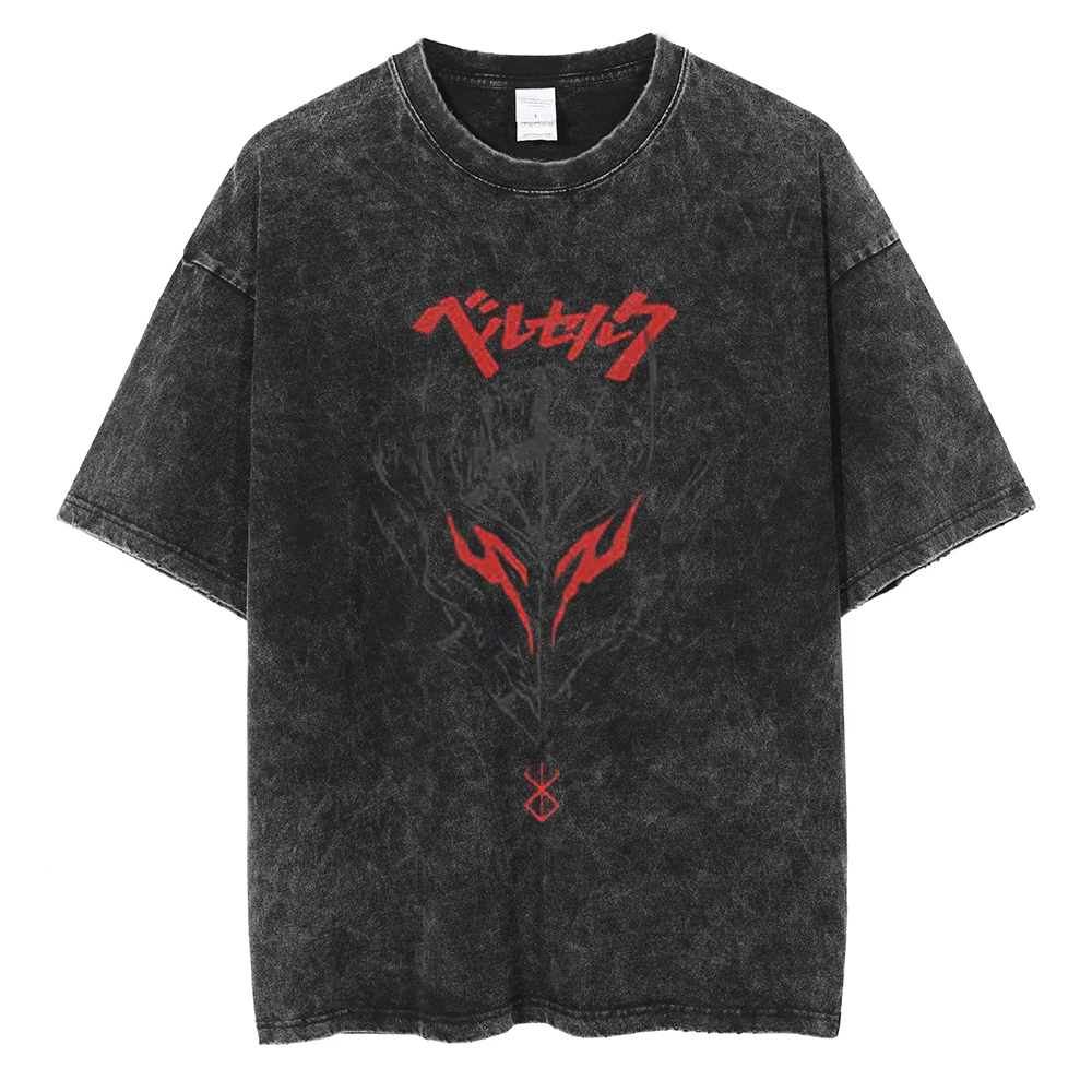Vintage Washed Berserk T-Shirt für Herren und Damen Retro Anime Totenkopf Grafik Tees Übergroße Streetwear Baumwolle Kurzarm T-Shirts – Detail 15