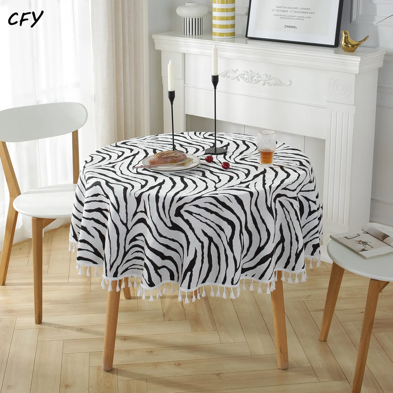 

American Zebra Stripes Cotton Linen Round Tablecloth White Tassel Table Cover Table Cloth Home Dinning Table Decoration