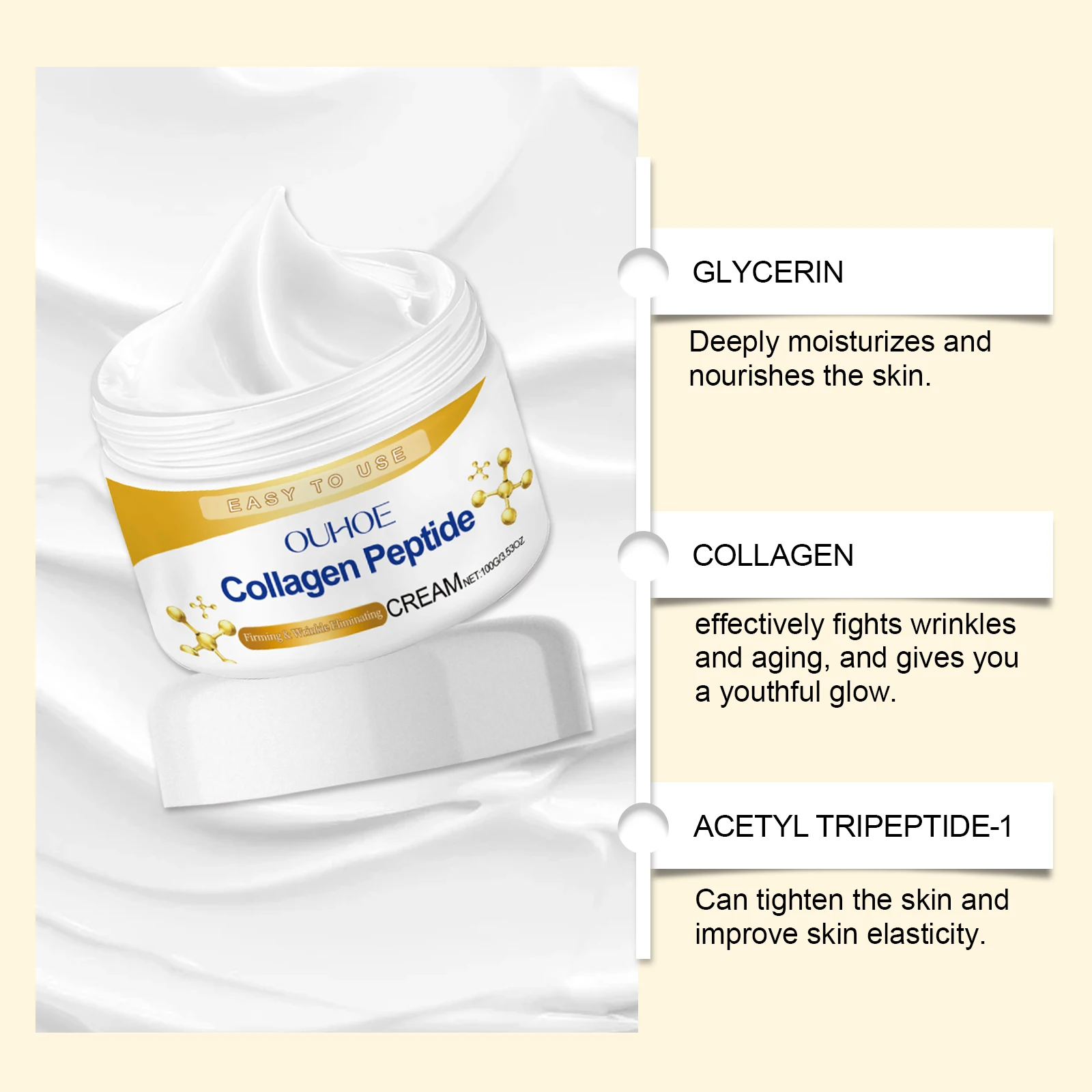 Crema peptidica al collagene Rassodante Schiarente Cura della pelle Elastico Levigante Idratante Controllo del petrolio Crema corpo idratante rinfrescante 5