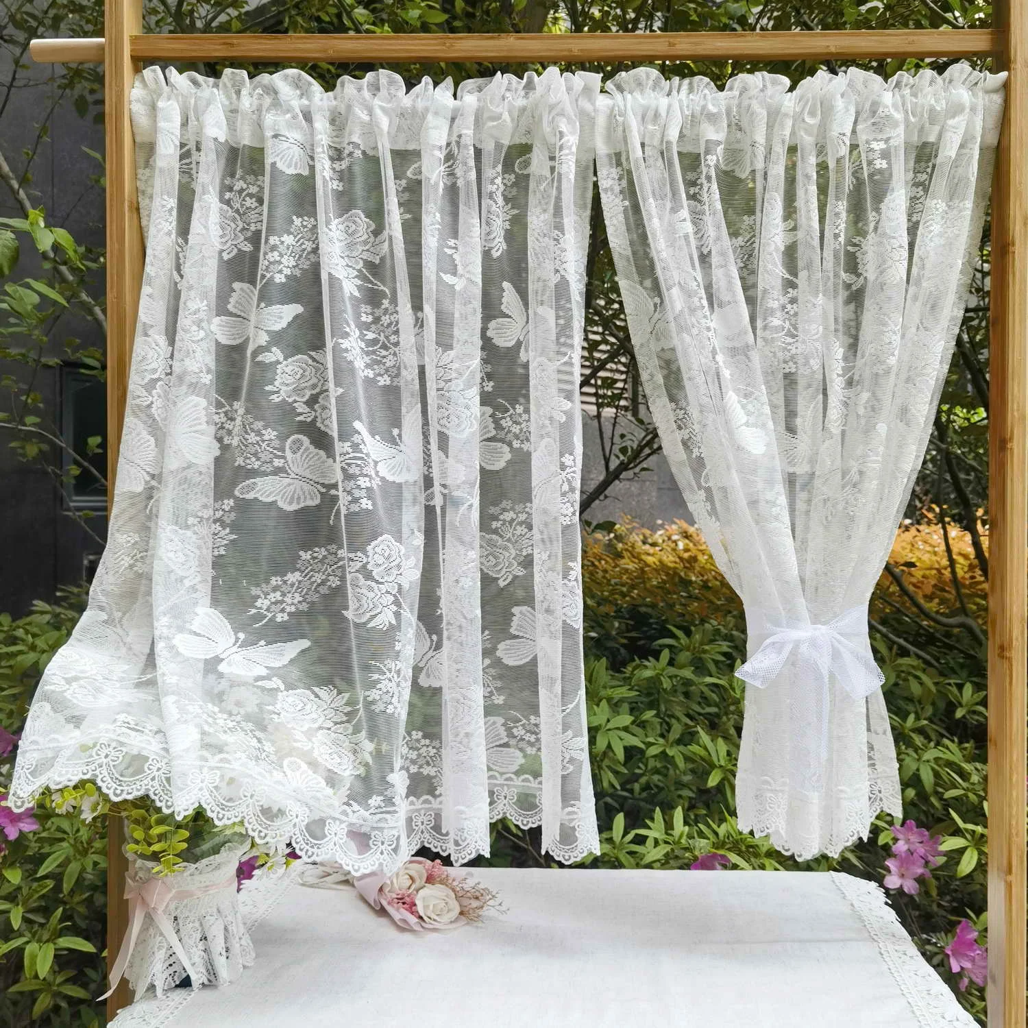 1Panel White Floral Butterfly Lace Sheer, Curtain for Kitchen Decor ,Light Filtering Window Treatment Short Curtain for Bedroom