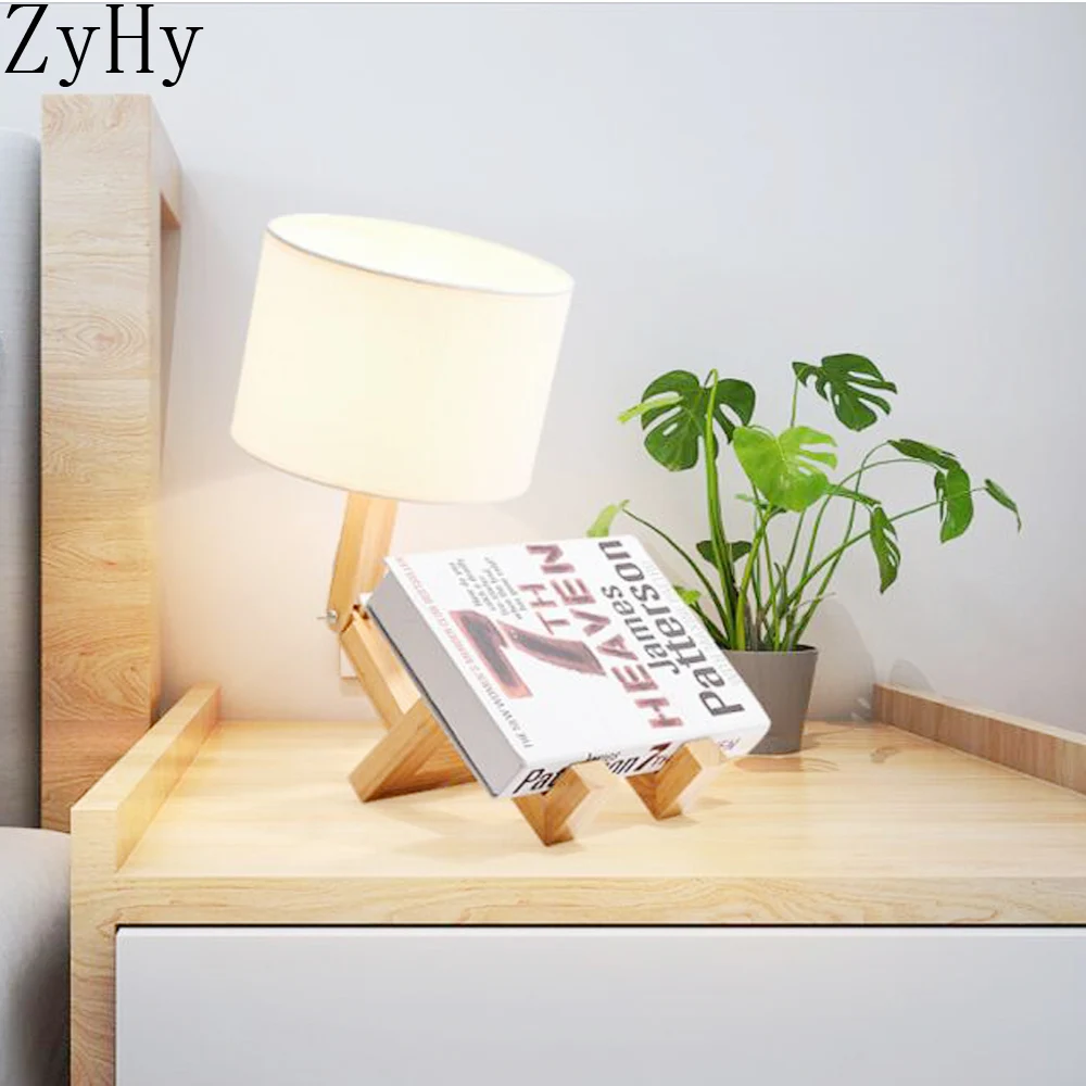

Robot Shape Wooden LED Table Lamps E27 Lamp Holder Modern Art Wood Desk Table Lamps Parlor Indoor Bedroom Study Night Light